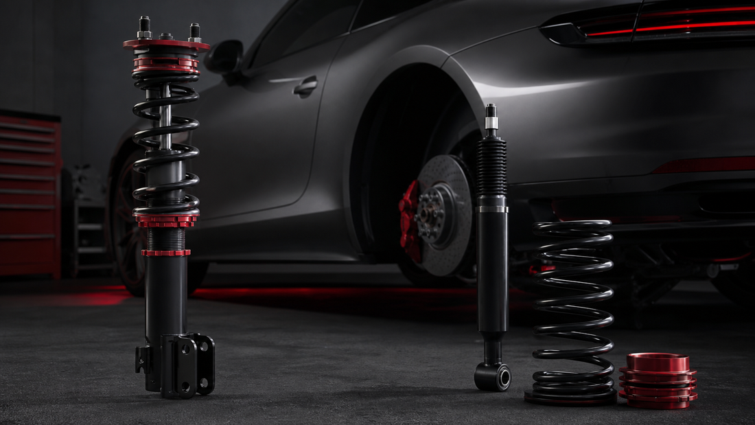 Adjustable coilover beside a separate lowering spring and shock in a performance workshop