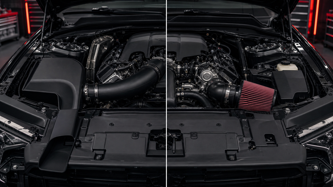 Sealed cold air intake compared with an exposed short-ram intake in an engine bay