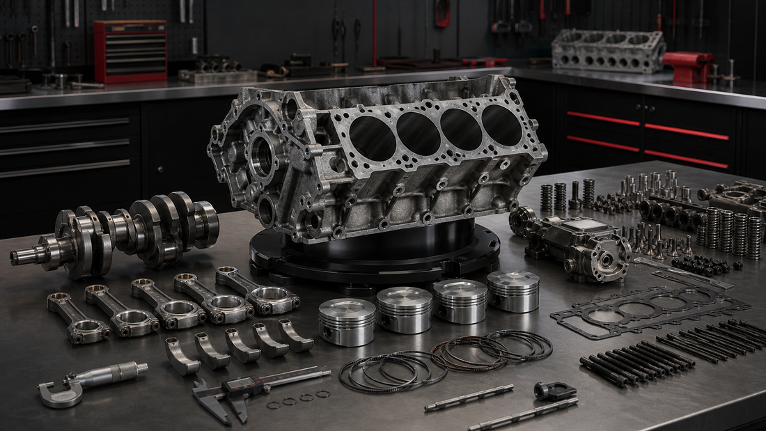 Engine block surrounded by crankshaft, pistons, rods, bearings, rings and measuring tools