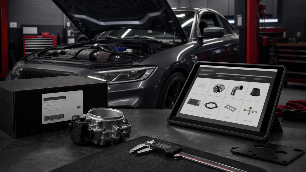 Vehicle, engine bay, boxed part, measuring tools and digital catalog used for fitment verification