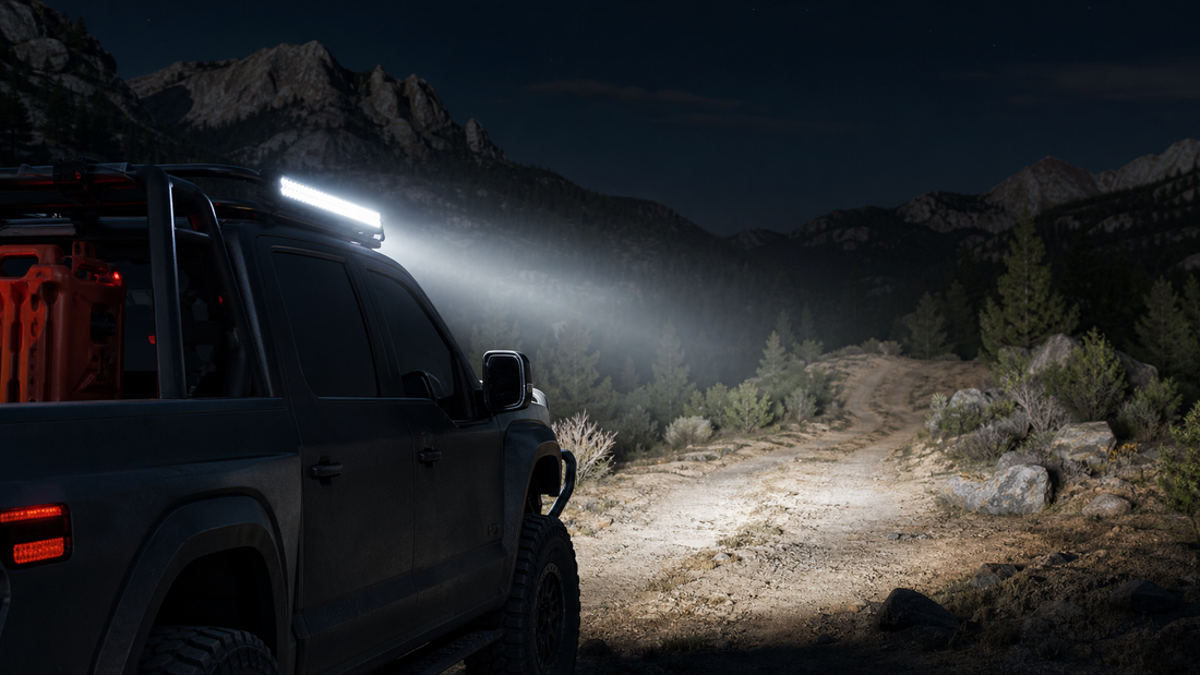 LED light bar mounted on an off-road pickup illuminating an empty trail at night
