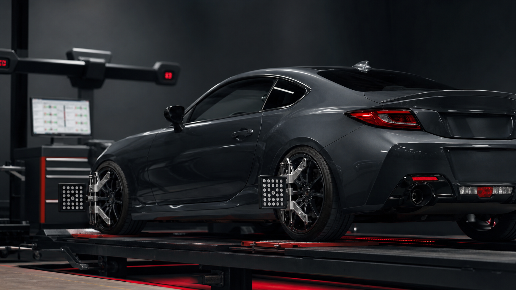 Lowered performance coupe on a professional four-wheel alignment rack