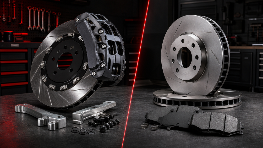 Big brake kit compared with performance brake pads and replacement rotors