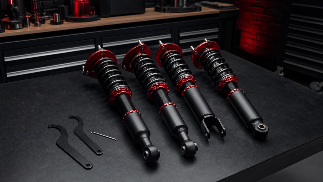 Four adjustable performance coilovers arranged on a dark workshop bench