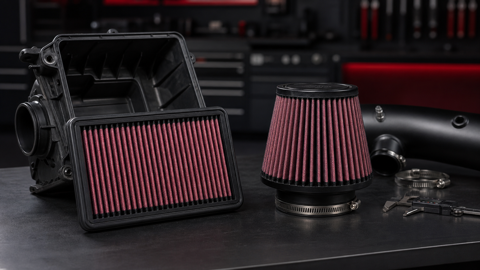 Direct-fit panel air filter beside a universal cone air filter and intake components