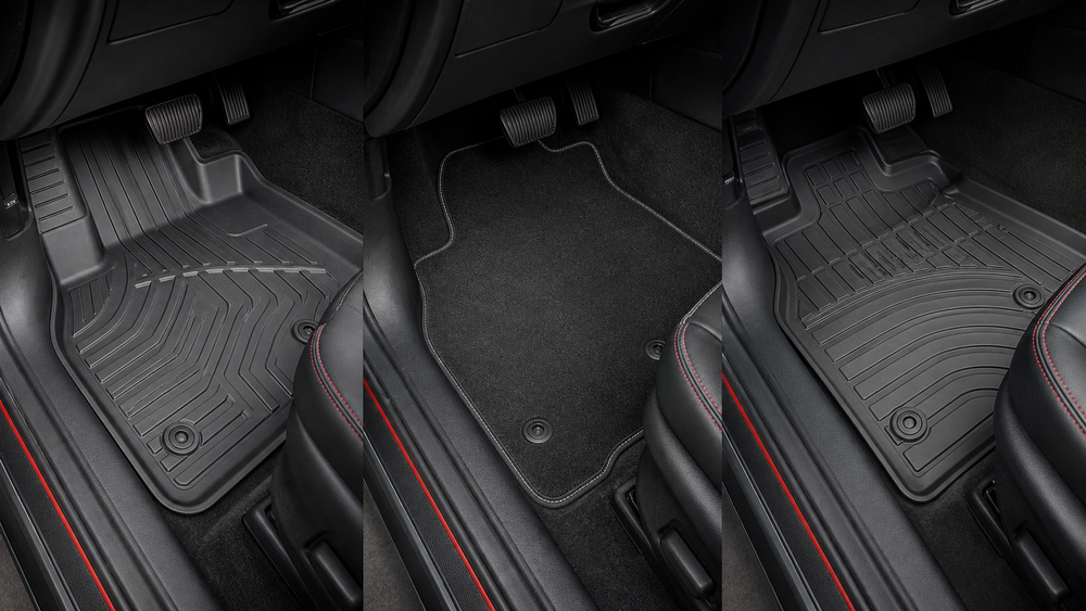 Molded liner, carpet mat and flexible rubber floor mat shown in vehicle footwells