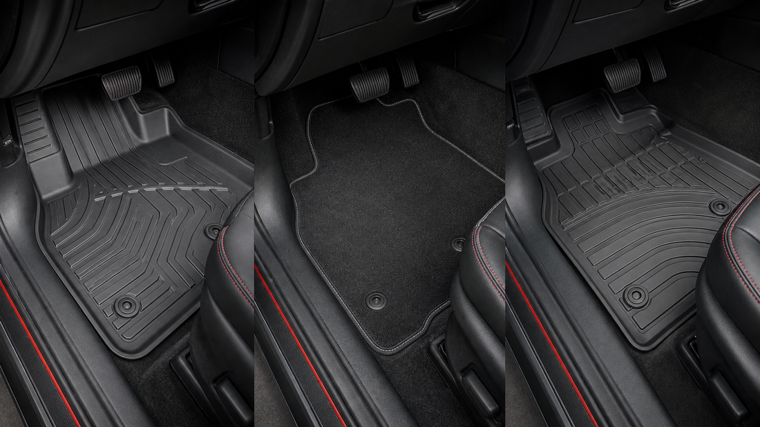 Molded liner, carpet mat and flexible rubber floor mat shown in vehicle footwells