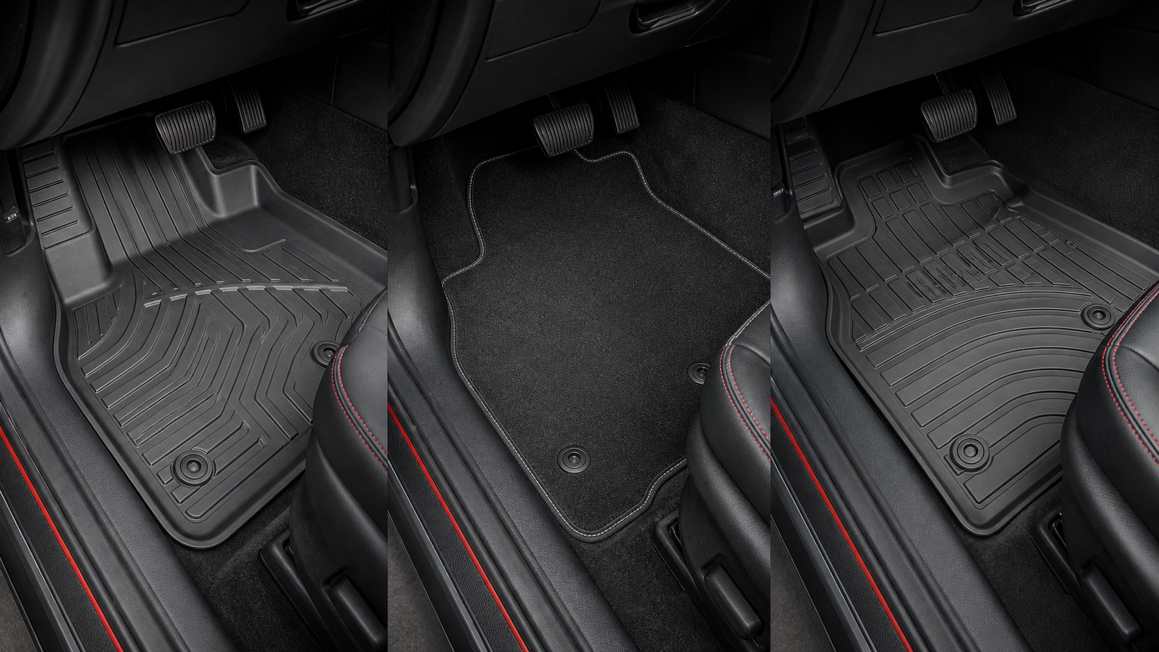 Molded liner, carpet mat and flexible rubber floor mat shown in vehicle footwells