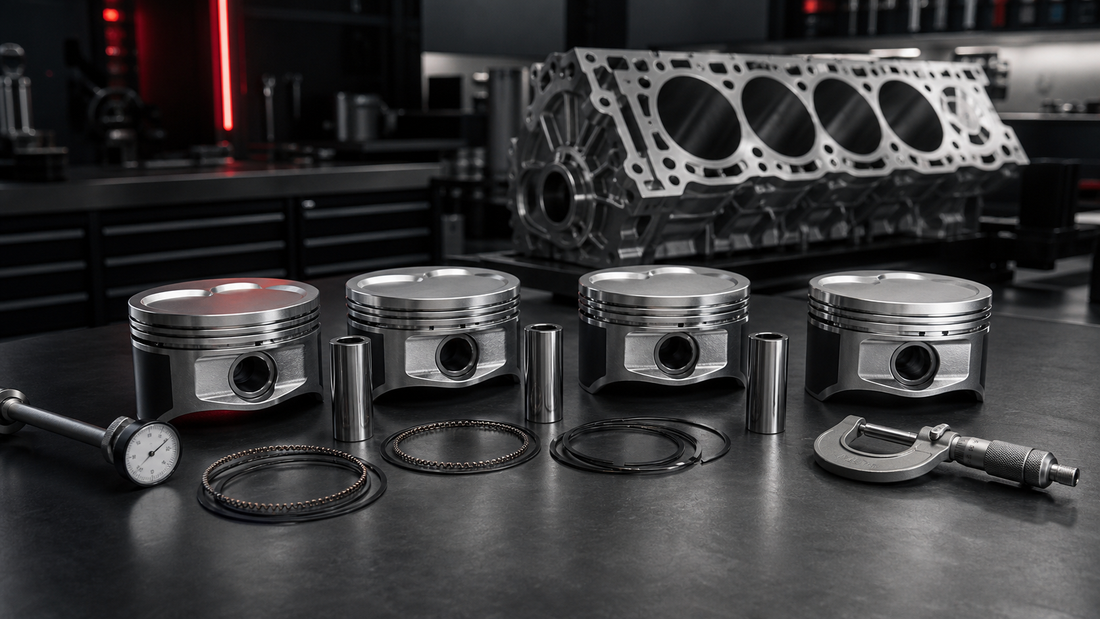 Four forged aluminum pistons with wrist pins, rings and precision measuring tools