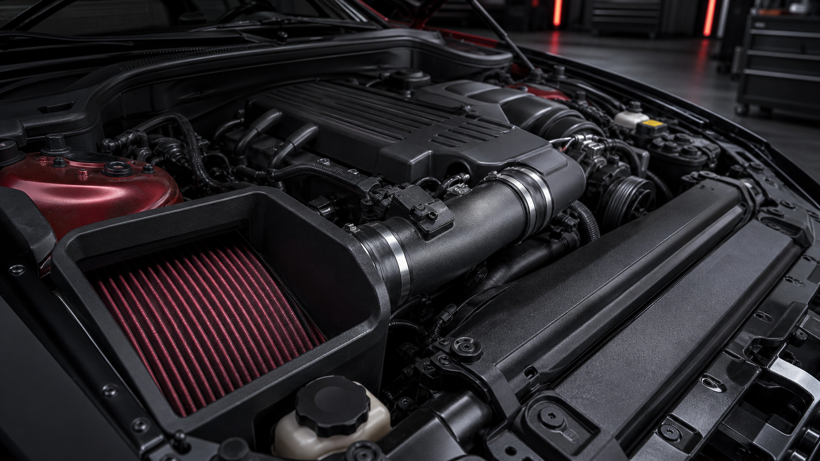 Enclosed cold air intake installed in a modern performance-car engine bay