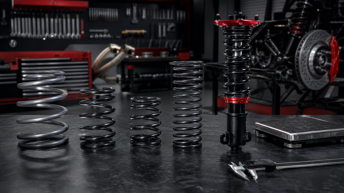 Coilover and multiple suspension springs with different dimensions on a workshop bench