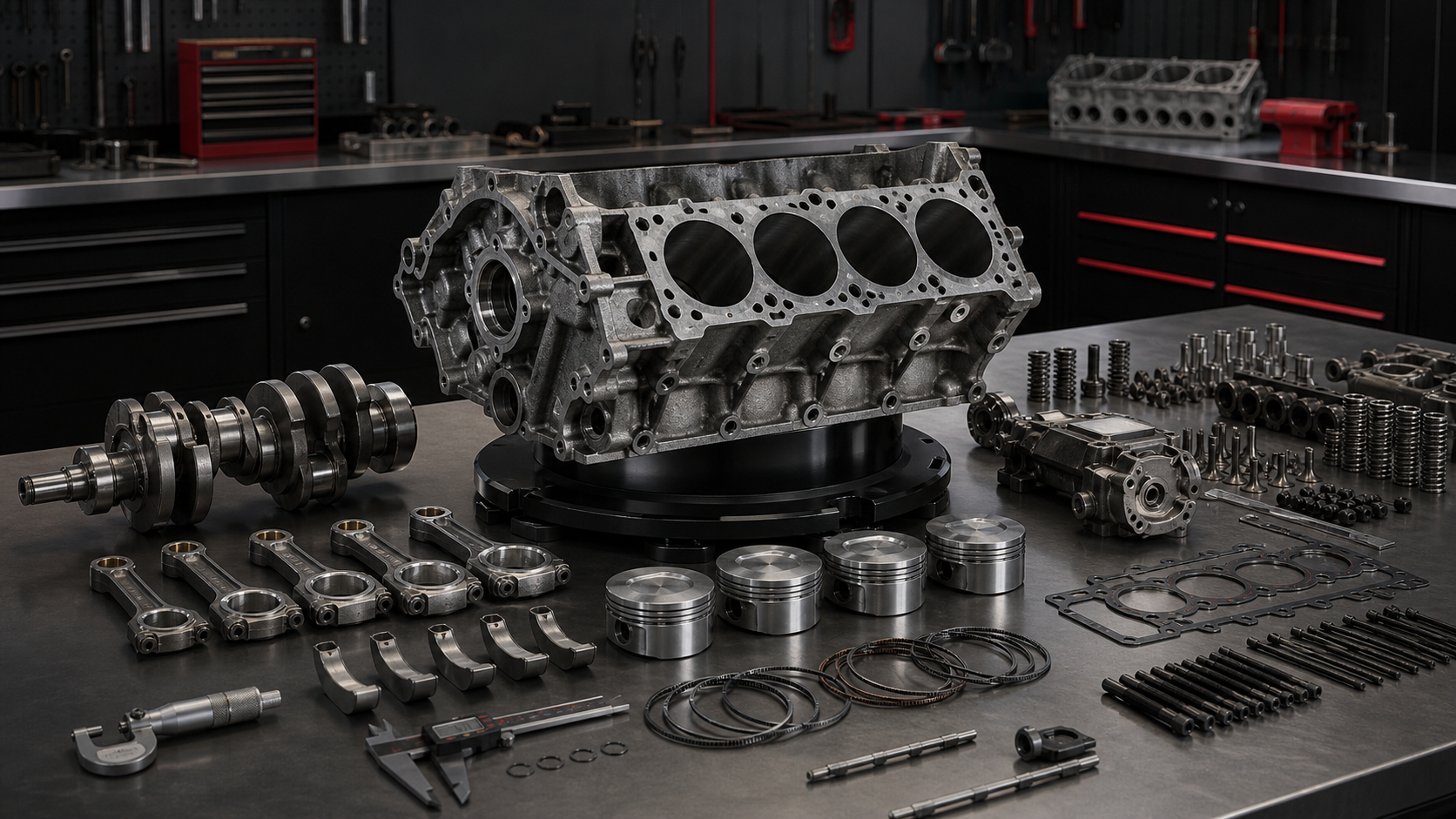 Engine block surrounded by crankshaft, pistons, rods, bearings, rings and measuring tools
