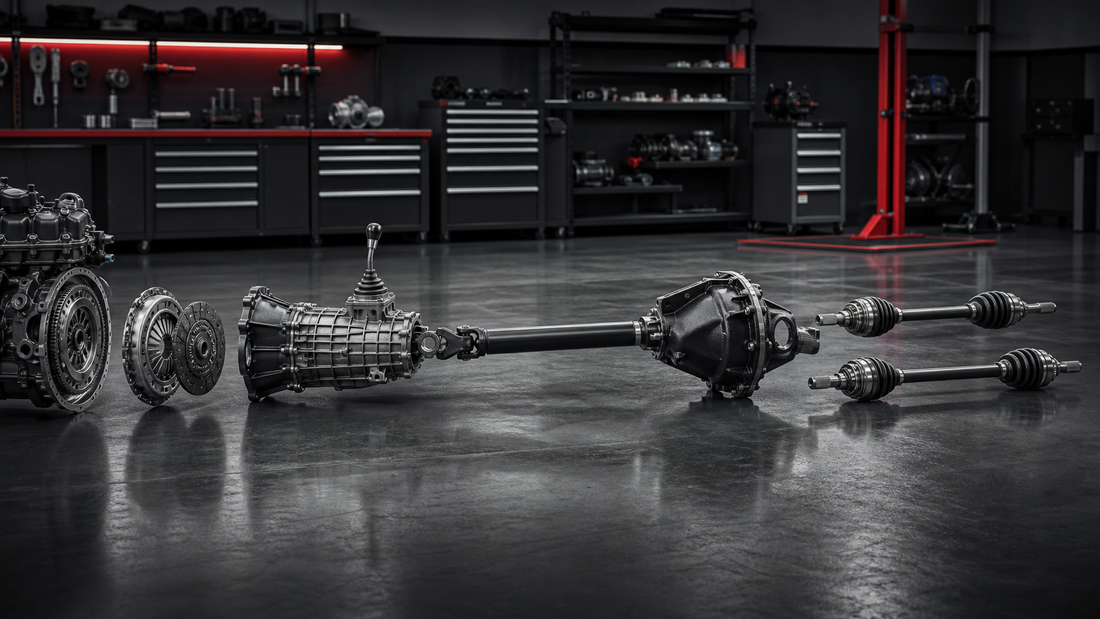 Complete drivetrain arranged from clutch and transmission to driveshaft, differential and axles