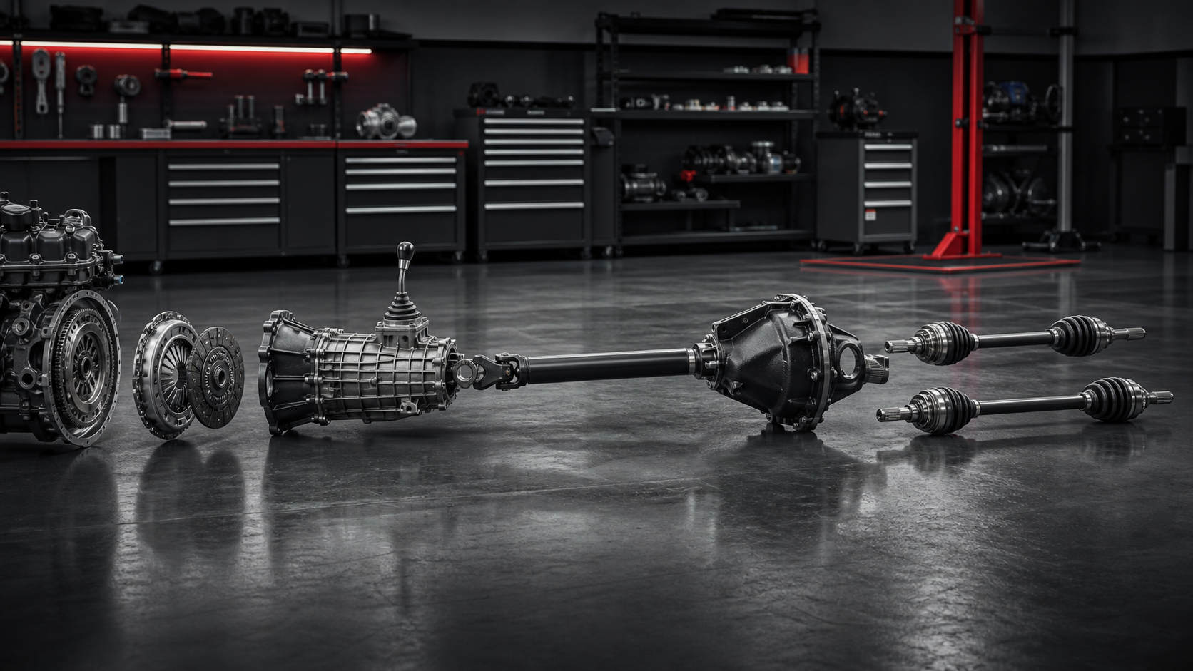 Complete drivetrain arranged from clutch and transmission to driveshaft, differential and axles