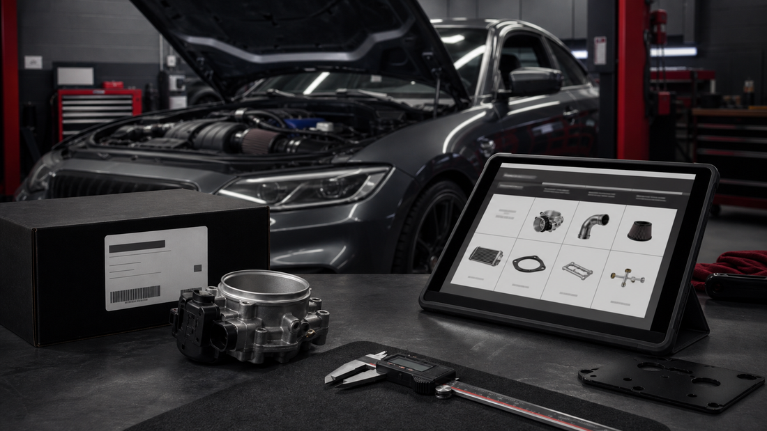 Vehicle, engine bay, boxed part, measuring tools and digital catalog used for fitment verification