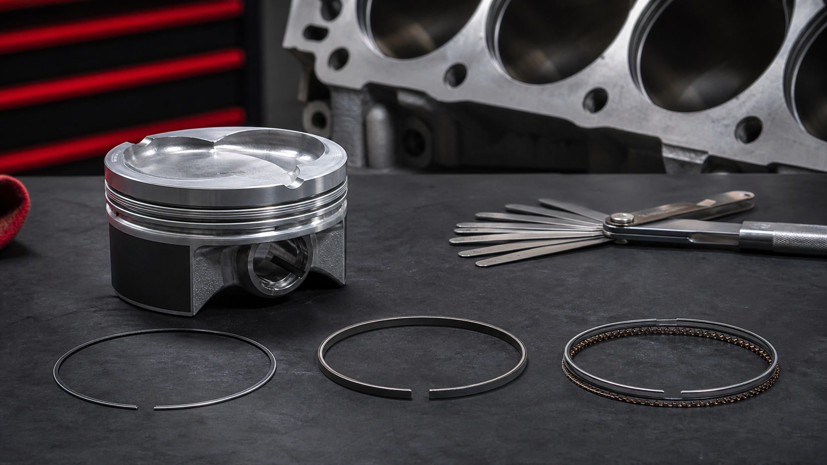 Piston with separated compression, second and oil-control rings on an engine-building bench