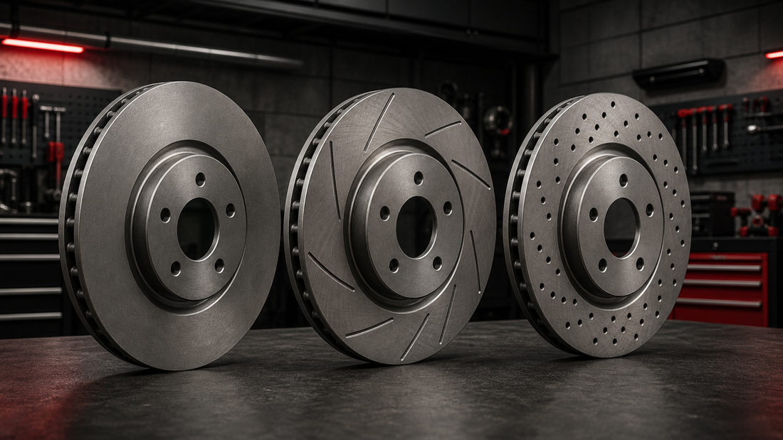 Plain, slotted and drilled ventilated brake rotors displayed side by side