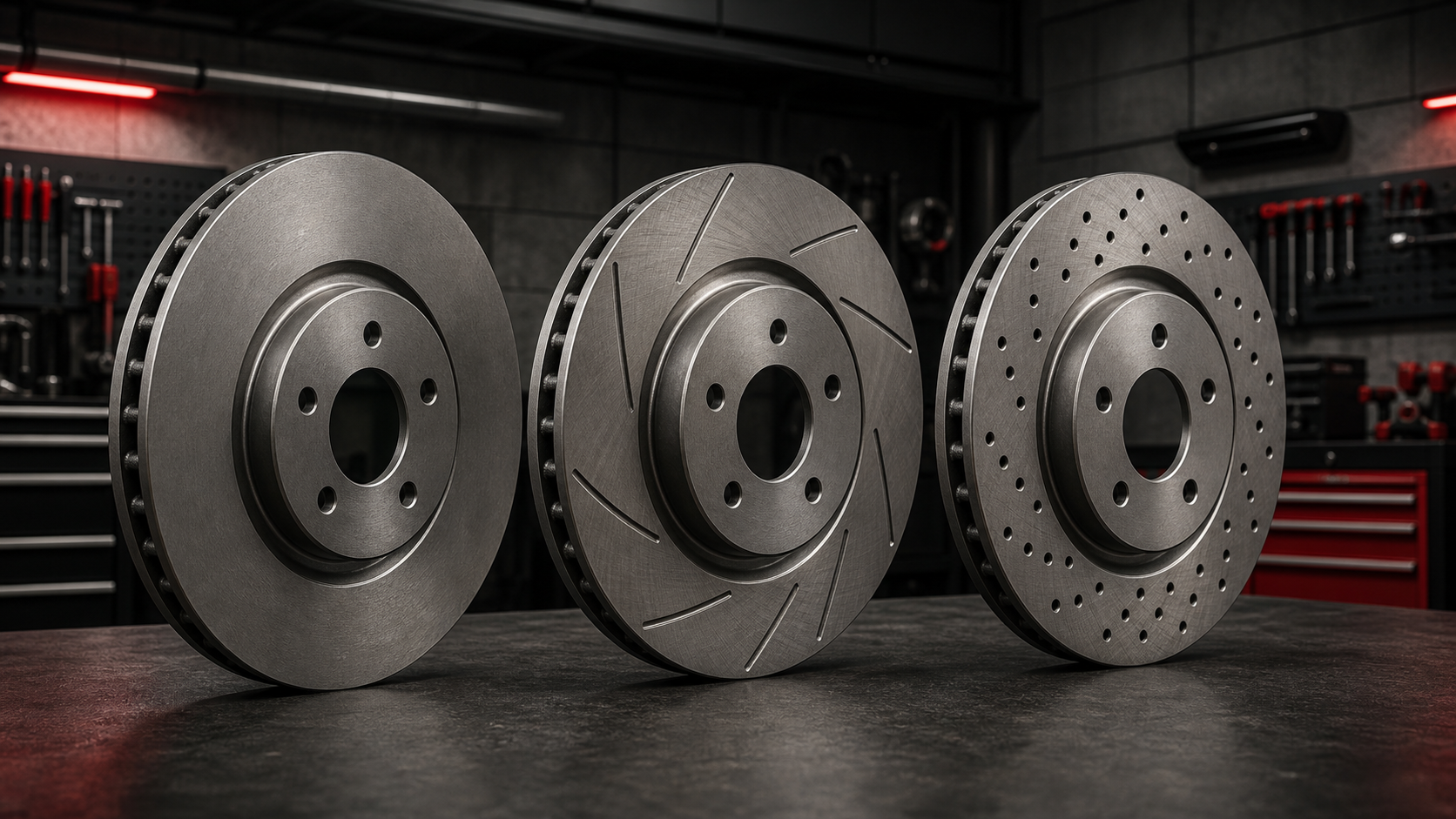 Plain, slotted and drilled ventilated brake rotors displayed side by side