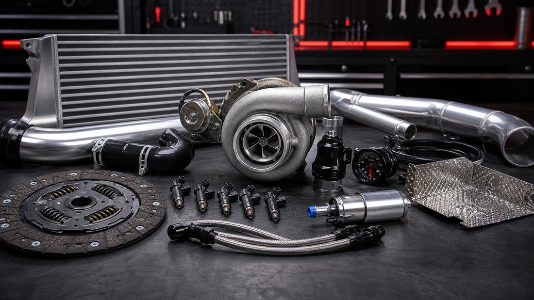 Turbocharger surrounded by intercooler, fuel, clutch, piping and heat-management components
