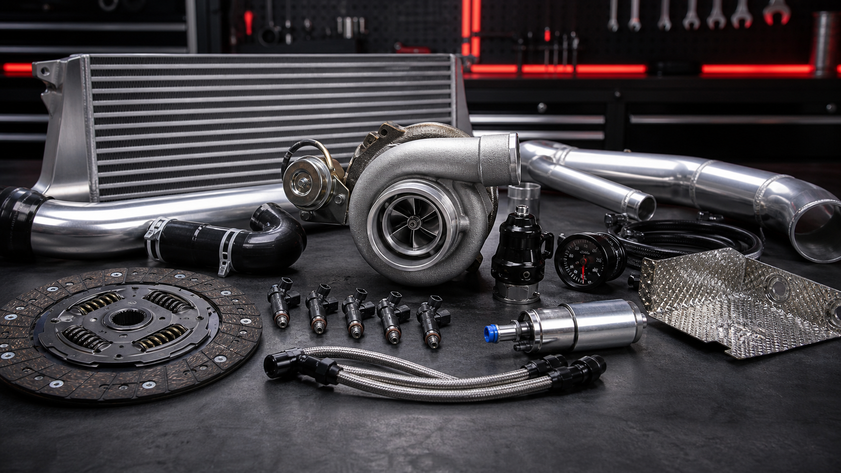 Turbocharger surrounded by intercooler, fuel, clutch, piping and heat-management components