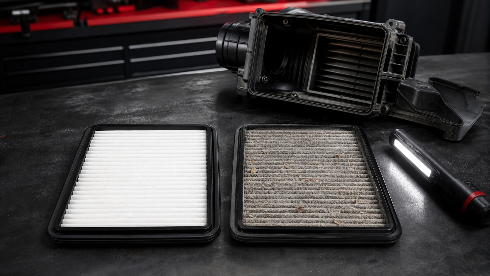 Clean and dust-loaded engine air filters beside an open factory airbox
