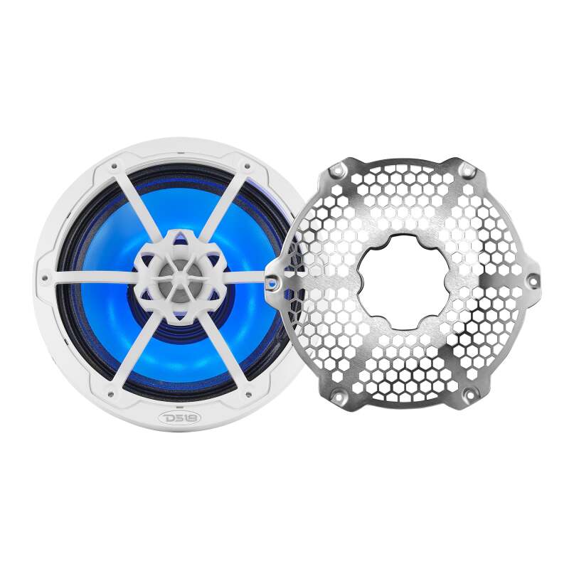 DS18 Hybrid Marine Speaker w/ Driver And RGB LEDs 8in 2-Way 350 Watts RMS 4 ohm White w/ Covers