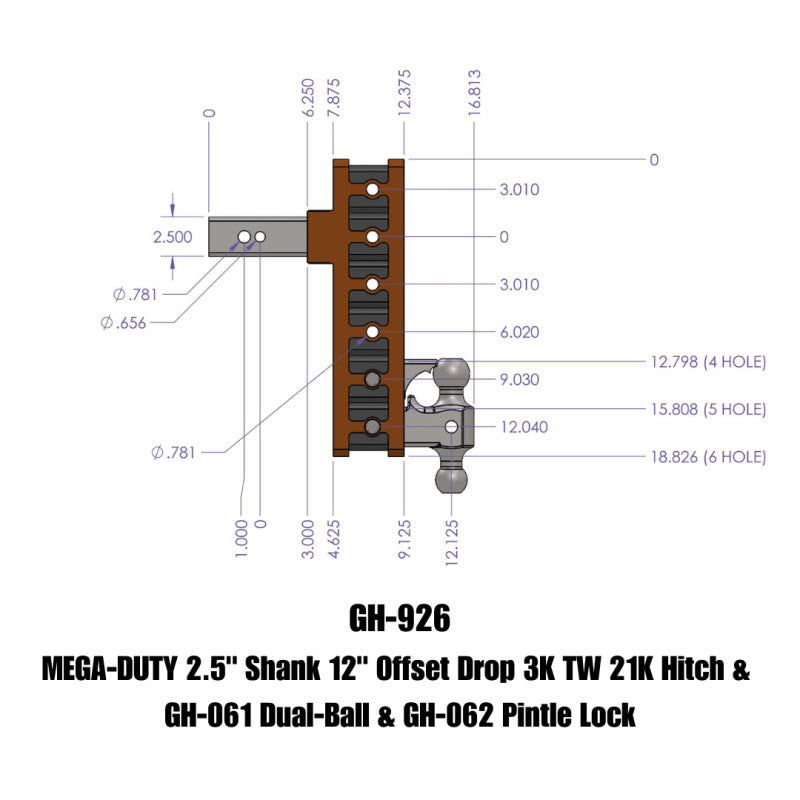 Gen-Y Mega Duty 2.5in Shank 12in Offset Drop 21K Hitch w/GH-061 Dual-Ball/GH-062 Pintle Lock