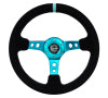 NRG Reinforced Steering Wheel (350mm/ 3in. Deep) Black Suede/ Teal Center Mark/ Teal Stitching