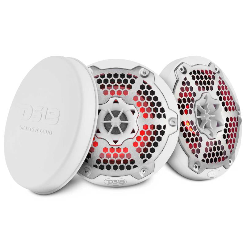 DS18 Hybrid Marine Speaker w/ Driver And RGB LEDs 6.5in 2-Way 250 Watts RMS 4 ohm White w/ Covers