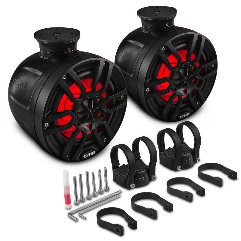 DS18 Marine And Psports Compact Towers Flat And Pole Mount 6.5in 100 Watts RMS RGB LED Lights Black