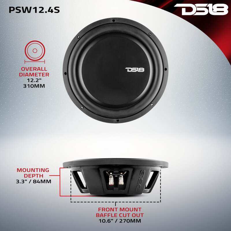 DS18 12in 600 Watts RMS 4 ohm SVC Shallow Mount Water Resistant Subwoofer