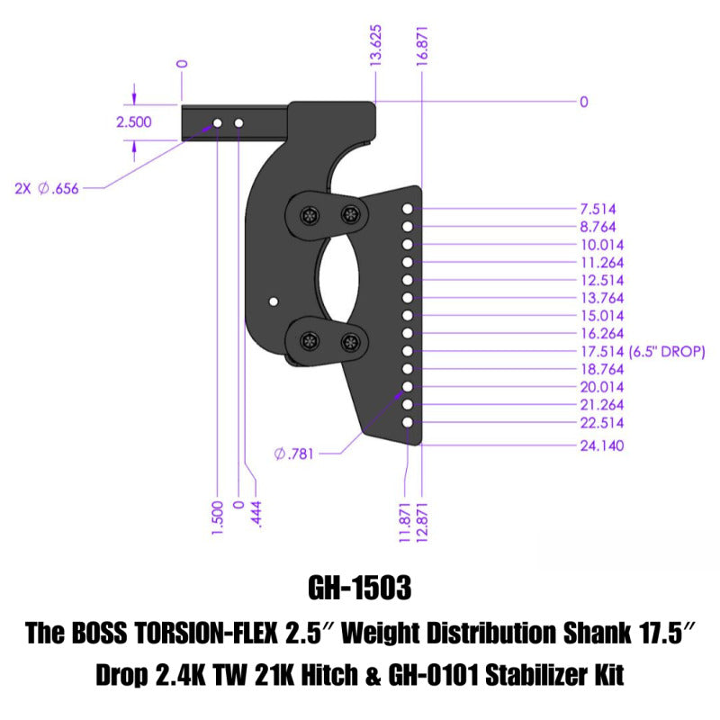 Gen-Y The Boss Torsion-Flex 2.5in Weight Distribution Shank 17.5in Drop 21K Hitch w/Stabilizer Kit