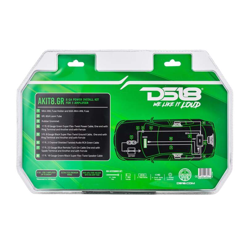 DS18 8-GA Amplifier Install Kit Advance- Green