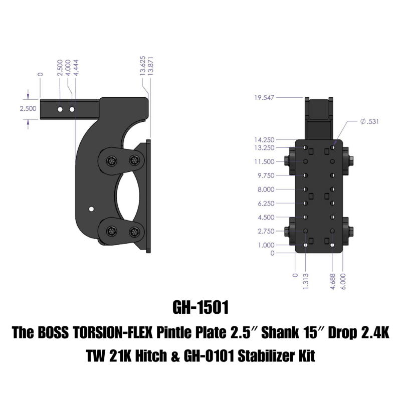 Gen-Y The Boss Torsion-Flex Pintle Plate 2.5in Shank 15in Drop 21K Hitch w/GH-0100 Stabilizer Kit