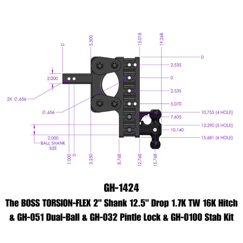 Gen-Y The Boss Torsion-Flex 2in Shank 12.5in Drop 16K Hitch w/GH-051 Dual-Ball/Pintle Lock/Stab Kit