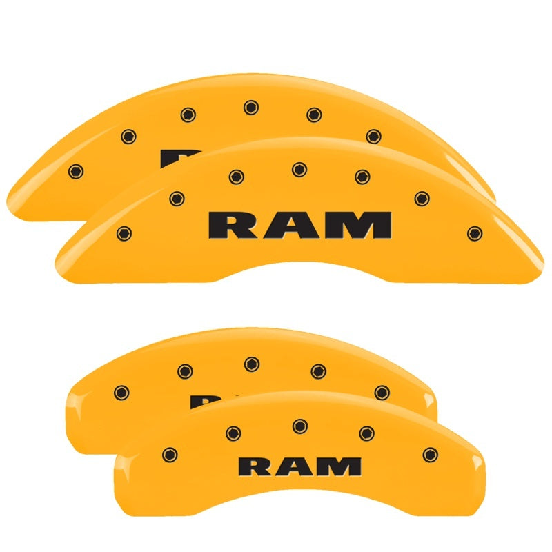 MGP 4 Caliper Covers Engraved Front & Rear 2019 Ram 1500 Yellow Finish Black RAM Logo