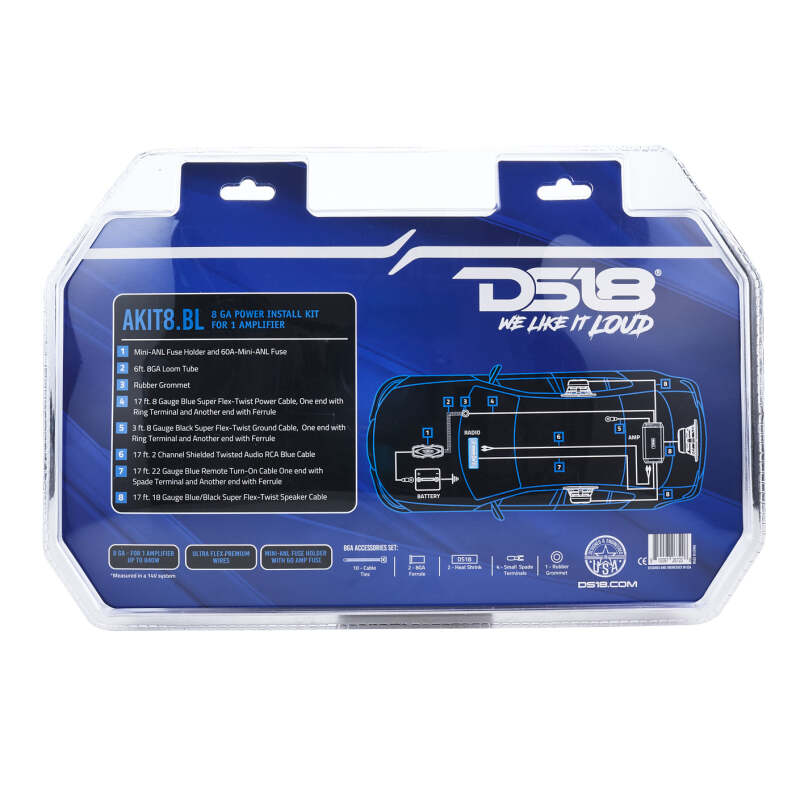 DS18 8-GA Amplifier Install Kit Advance- Blue