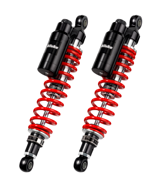 Bitubo WMT0 Twinshocks Adj.: Spring Preload, Reb., Comp., Length 362mm, Piggyback Tank, Red Springs